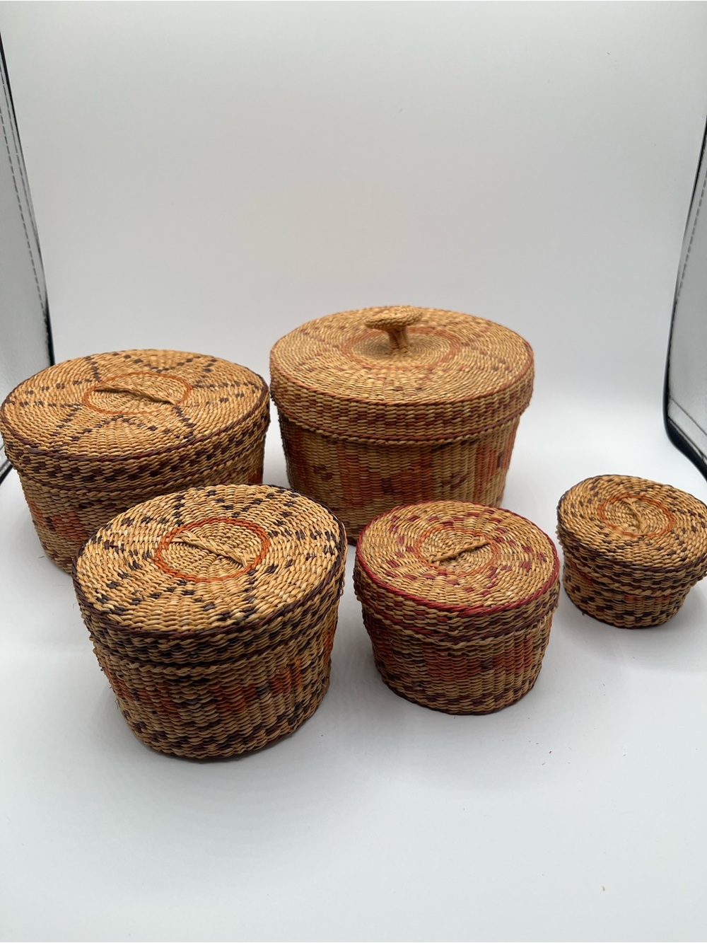 Vintage Handwoven Baskets with Lids - Set of 5